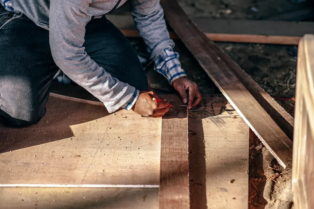 Carpenter marking lumber on site